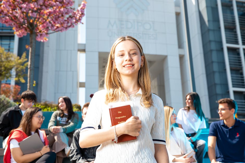 Happy university students socializing on campus, with a focus on a smiling young woman holding a book.